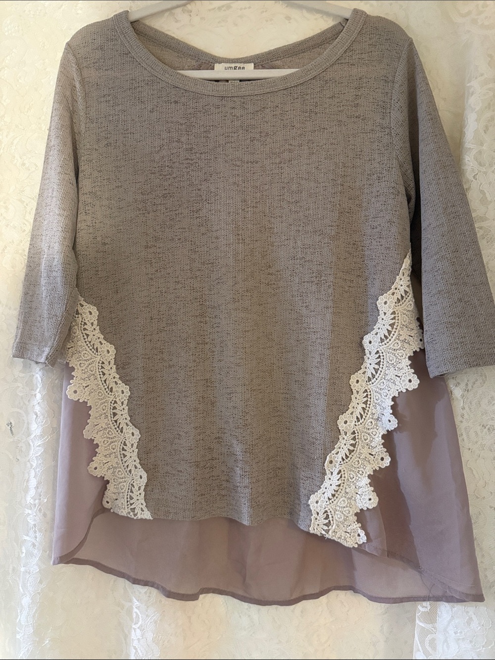 Umgee Taupe Knit Blouse with Cream Lace Trim and Chiffon Hem